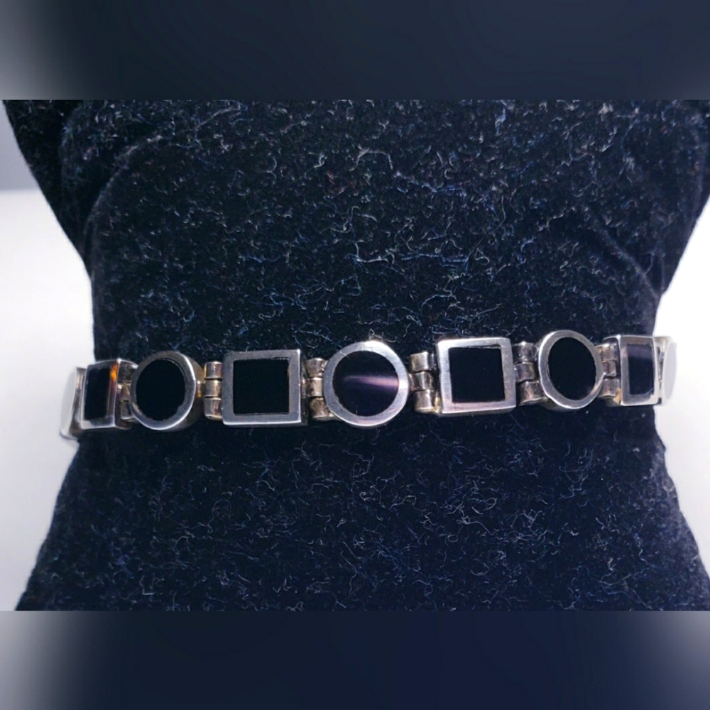 Vintage Sterling Silver Geometric Design Black Onyx Panel Bracelet 8"